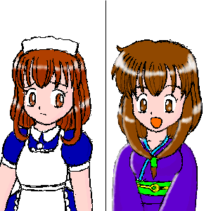 メイド服の冬絵（左）と和服姿の冬絵（右）