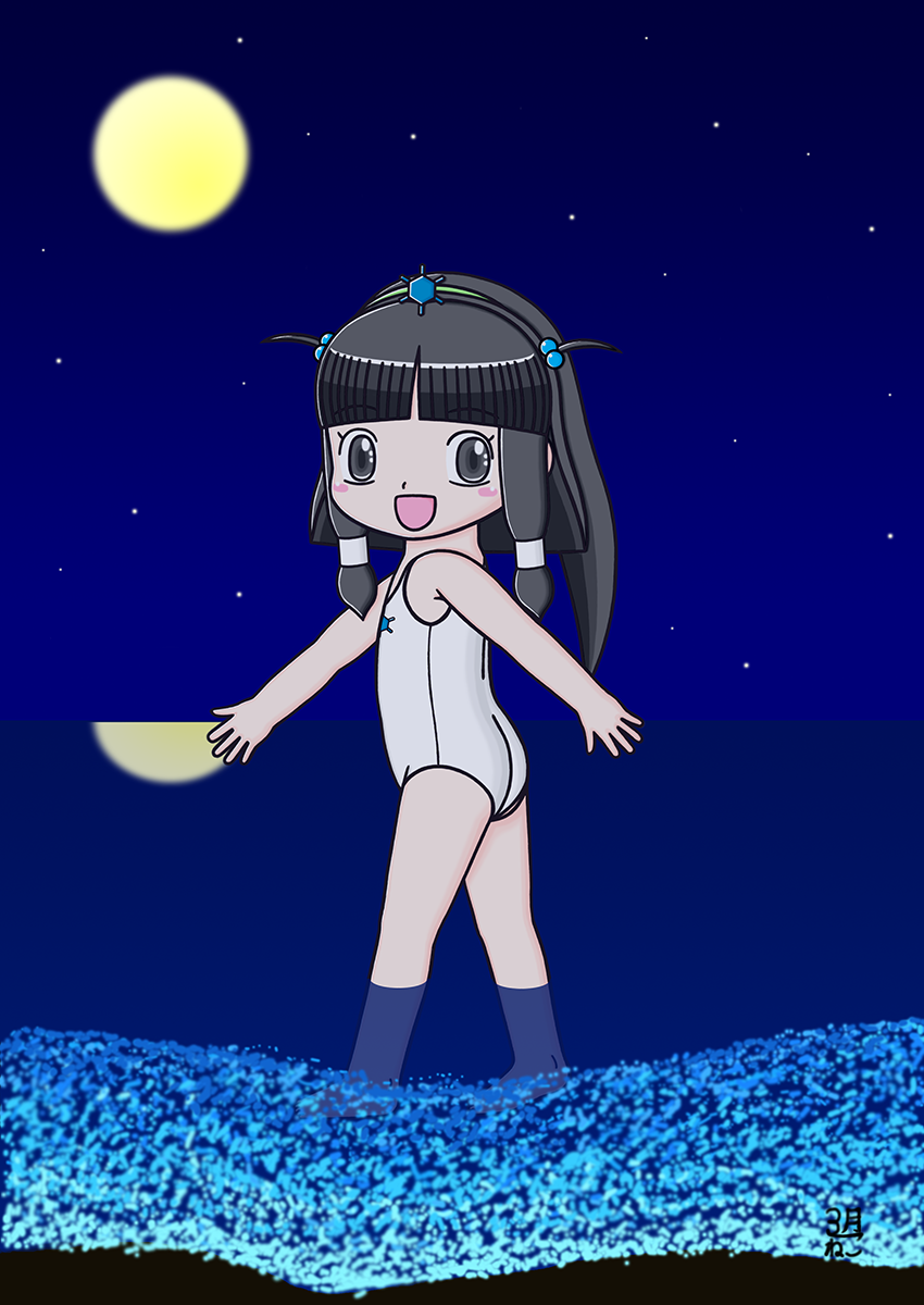 夏の夜の海と満月とウミホタルとミチカ